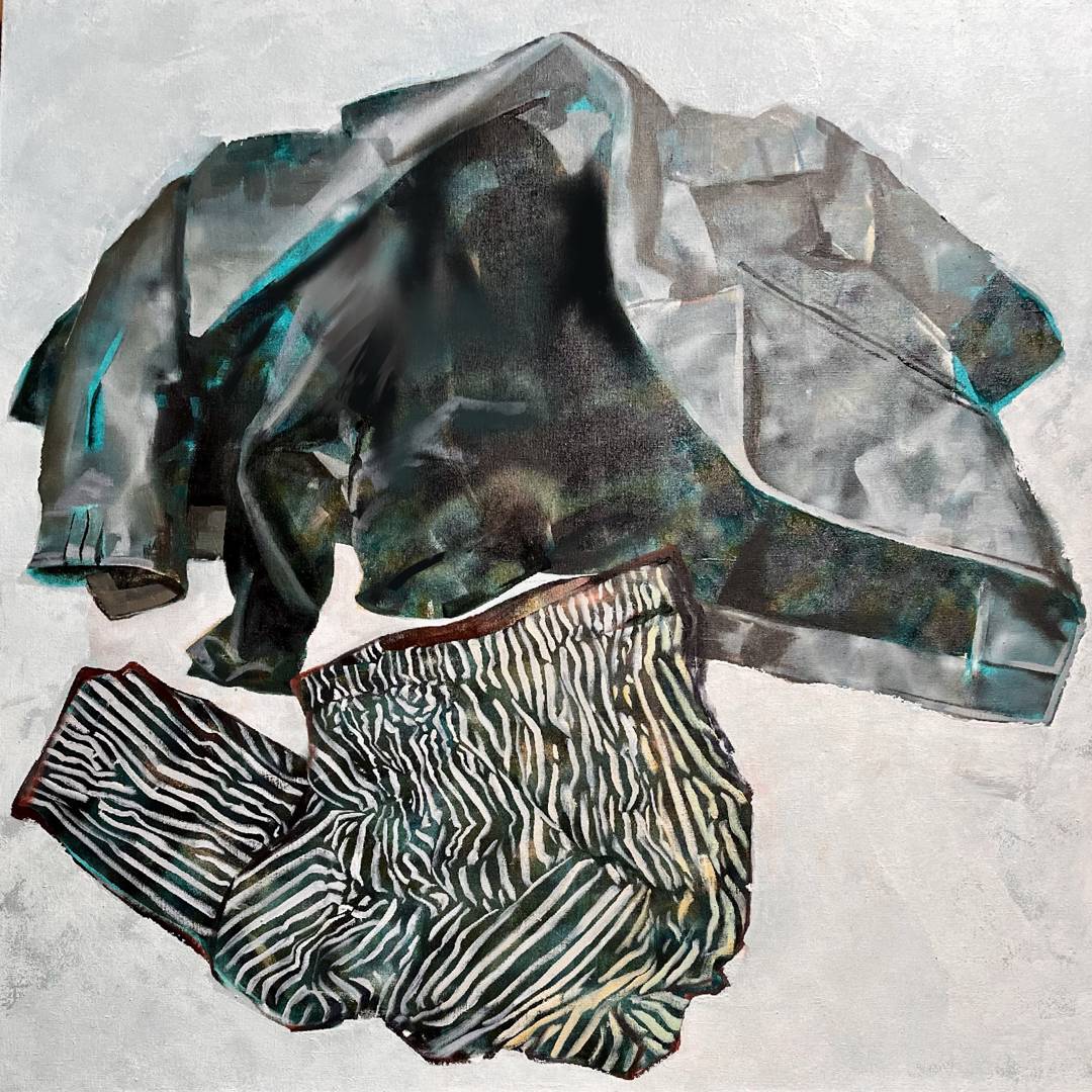 Self-Portrait (Bodywear series) — oil painting, 120 × 120 cm