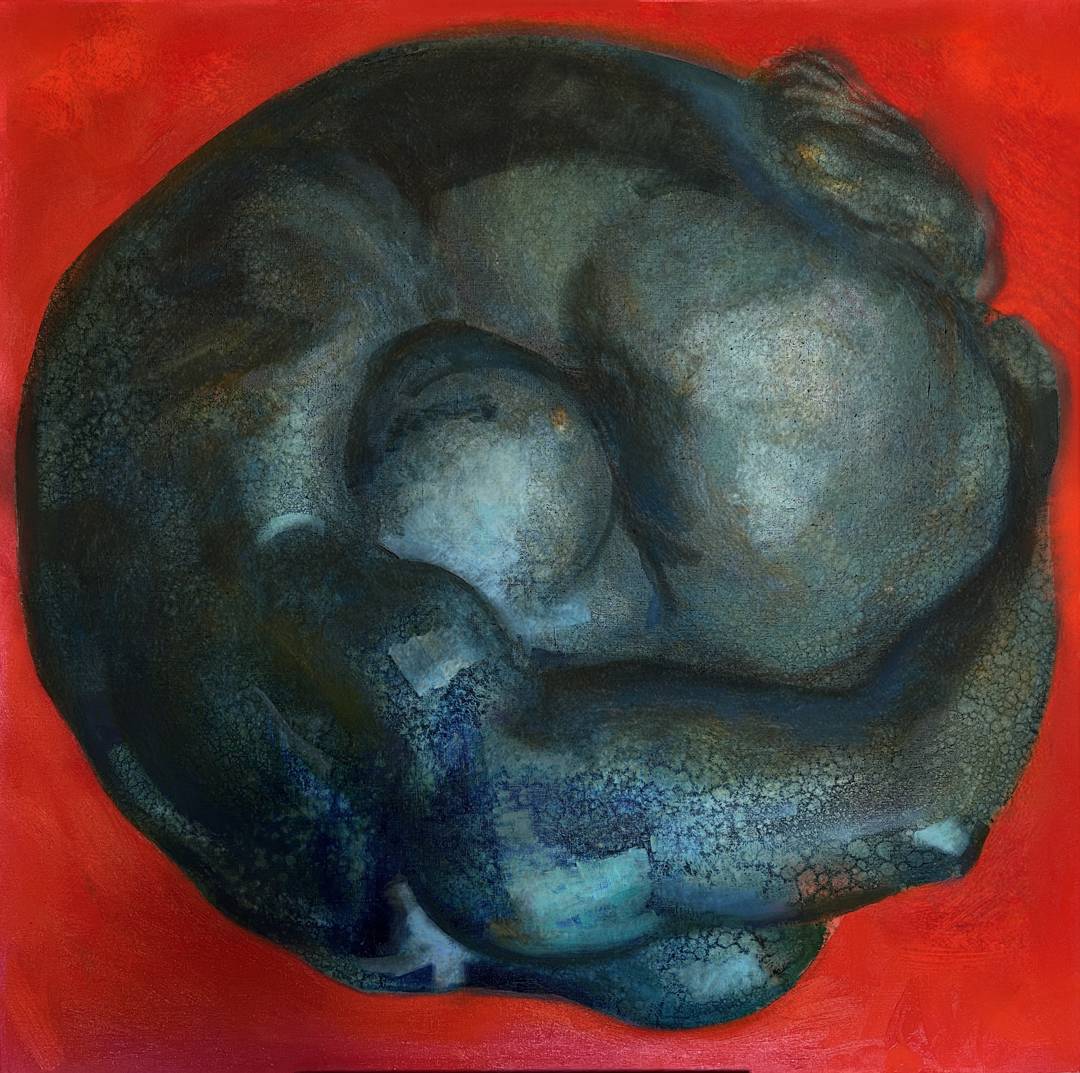 Protective Posture — oil painting, 120 × 120 cm