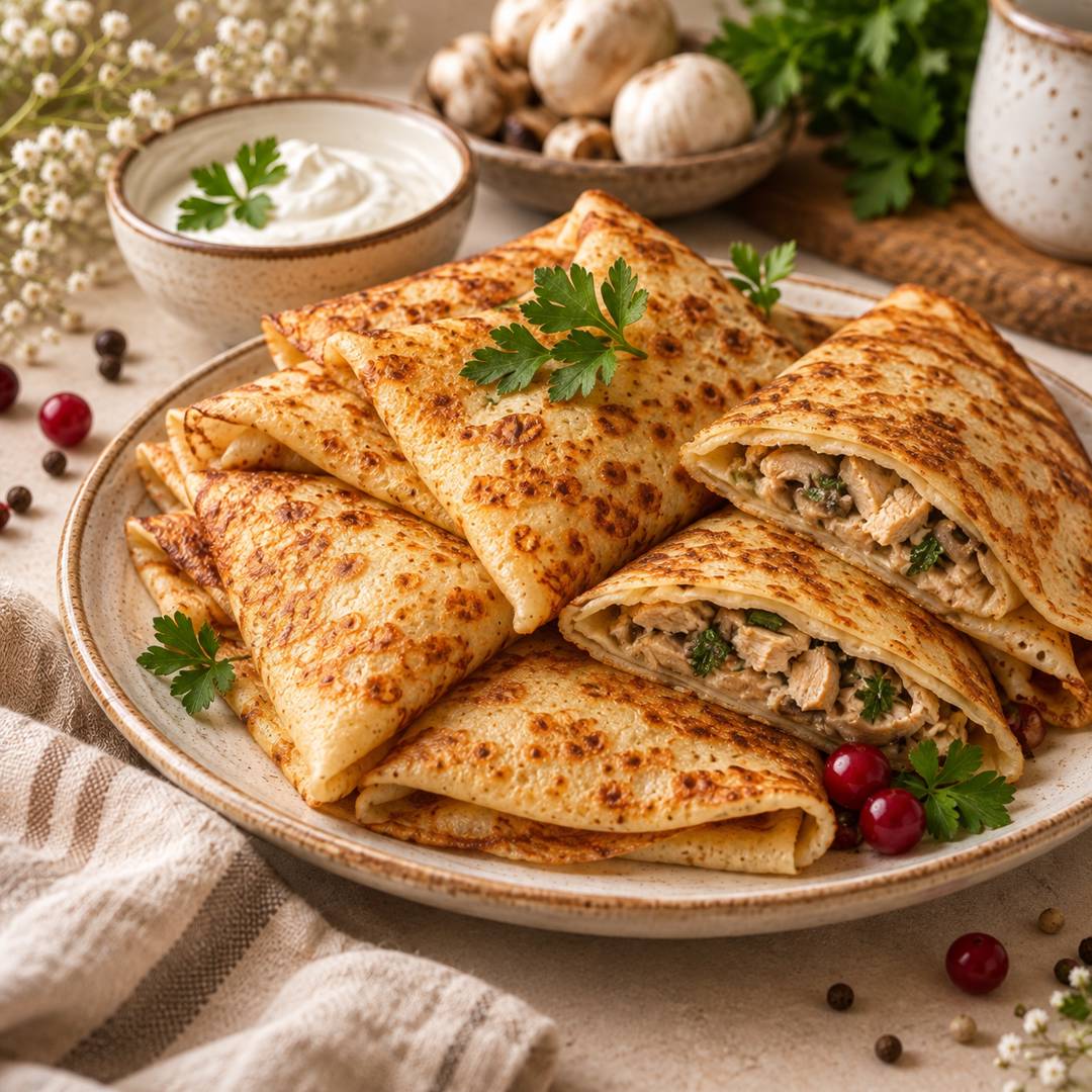 Блины с курицей, с грибами и сыром, с вишней и творогом