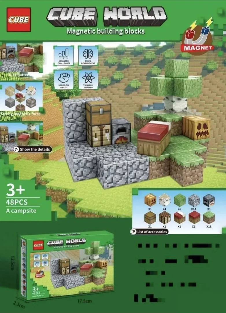 Cube World magnetic building blocks in Minecraft style, 48 pieces