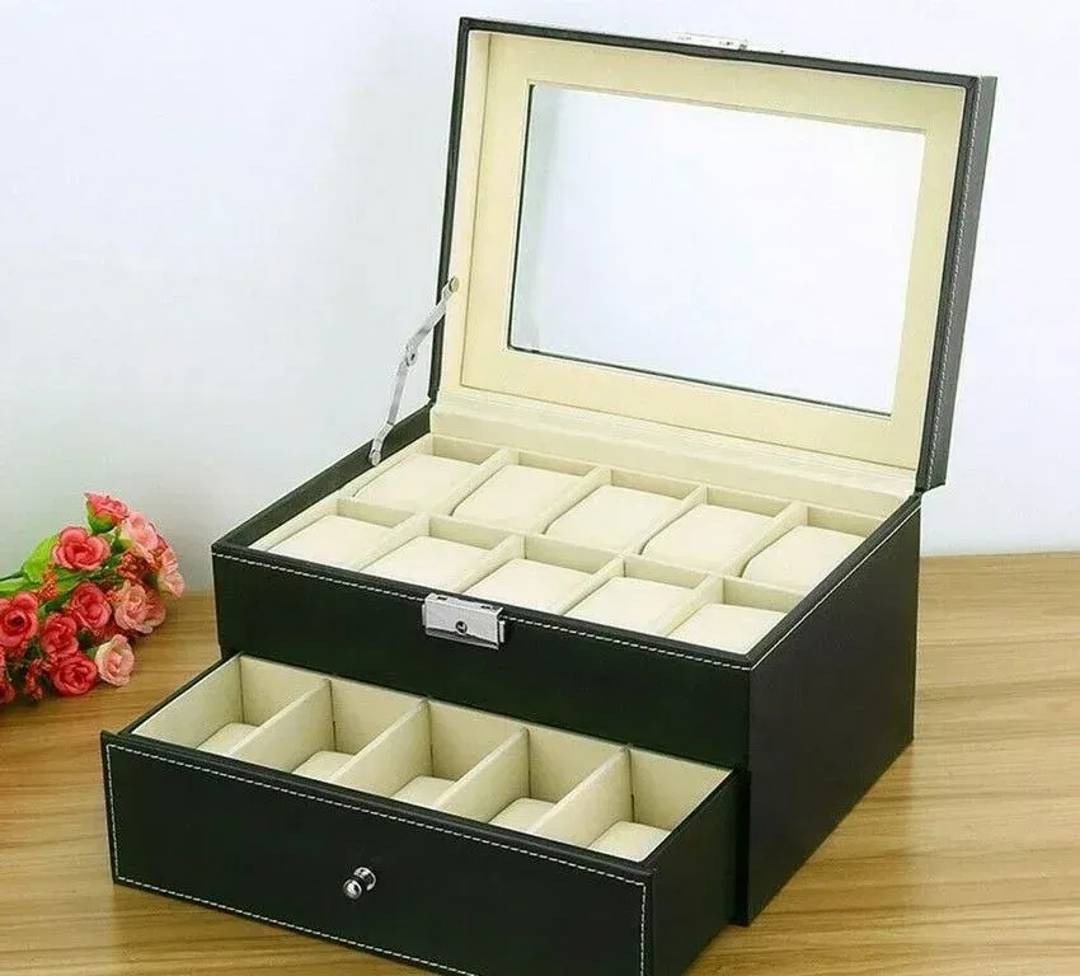 Watch box for 20 watches with glass lid and drawer