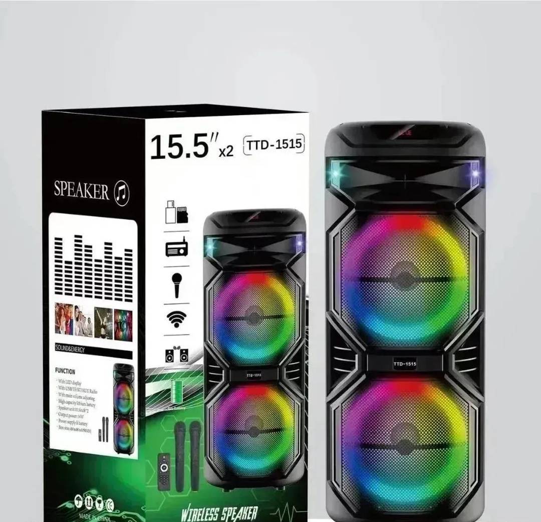 Large portable speaker TTD-1515 2 × 15" with two microphones and wheels