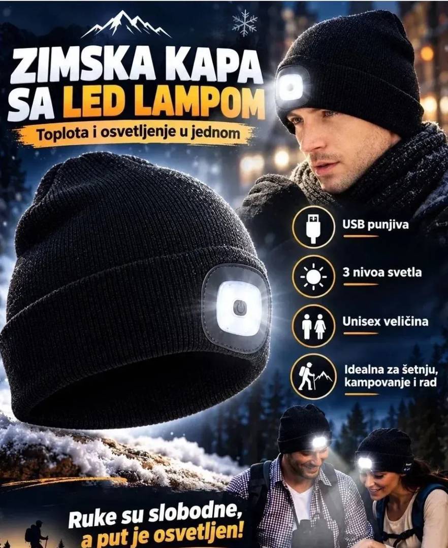 Зимна плетена шапка с LED лампа, зареждане през USB