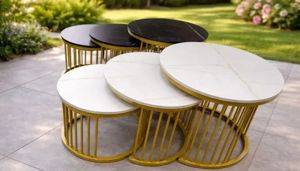Set of 3 round coffee tables with gold bases, marble-effect finish — Beograd