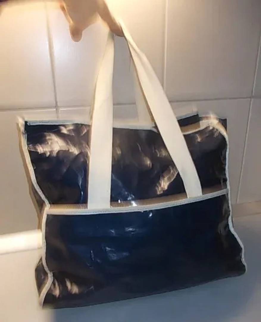 Navy patent bag with white trim