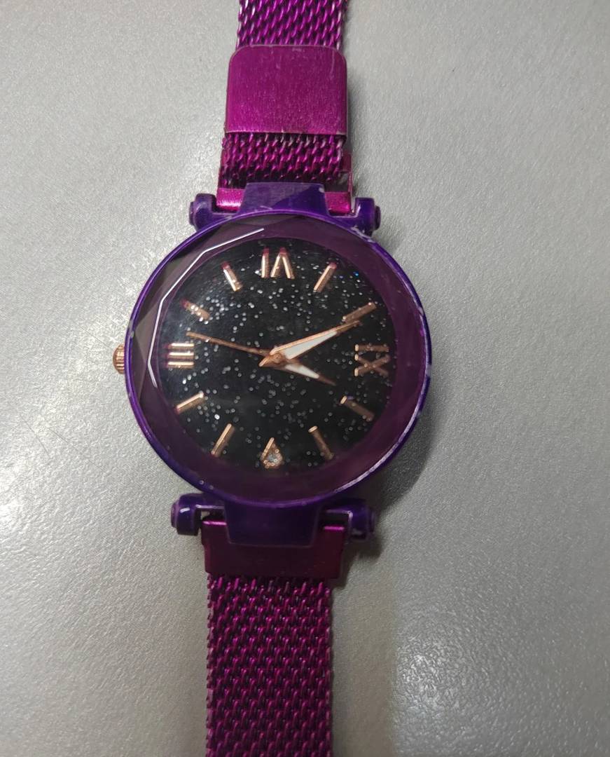 Women's purple and black watch, mesh bracelet
