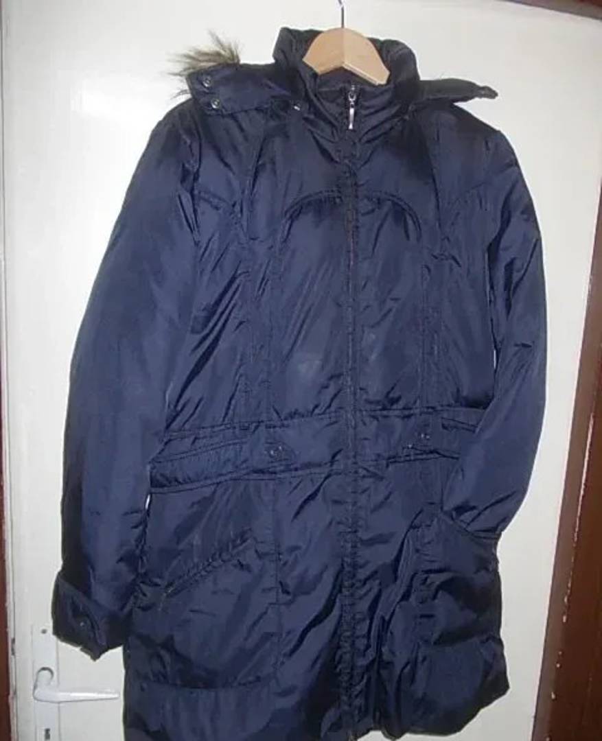 Unisex London down jacket, size 44, navy blue, fur-trimmed hood