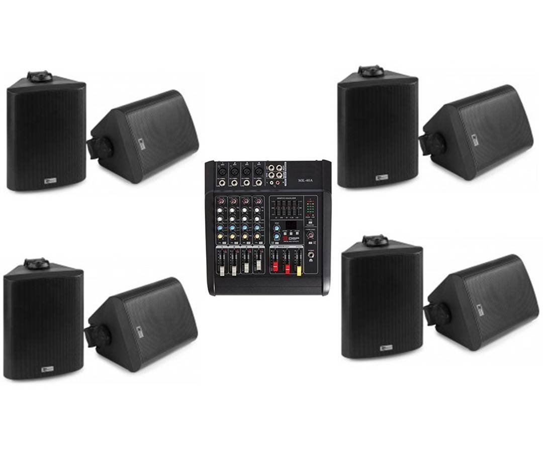 Sistem de sonorizare: mixer MK-40A și 8 boxe SkyTec 100 W, negre