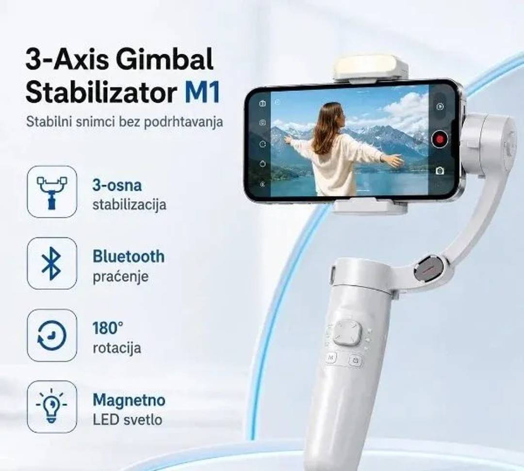 Gimbal stabilizator M1 za telefon, 3 ose, sa LED svetlom