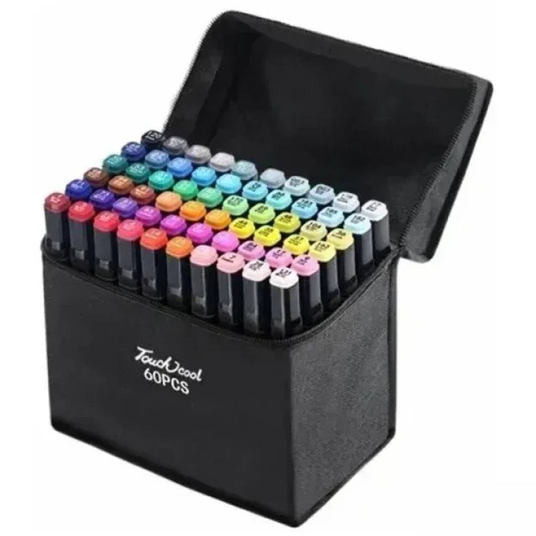 Dual-tip alcohol-based markers in a fabric case, 60–168 colors