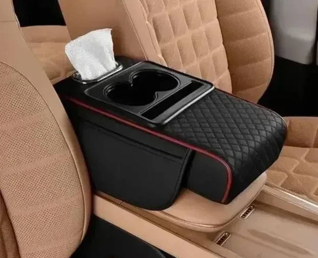 Pernă pentru cotiera auto, cu suporturi pentru pahare și cutie pentru șervețele