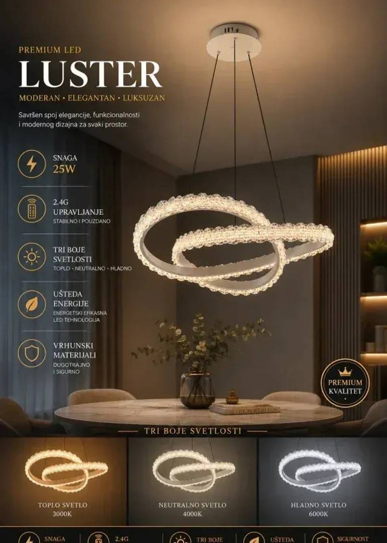 Viseći LED luster Cristallo Lux 25 W sa kristalnim prstenovima