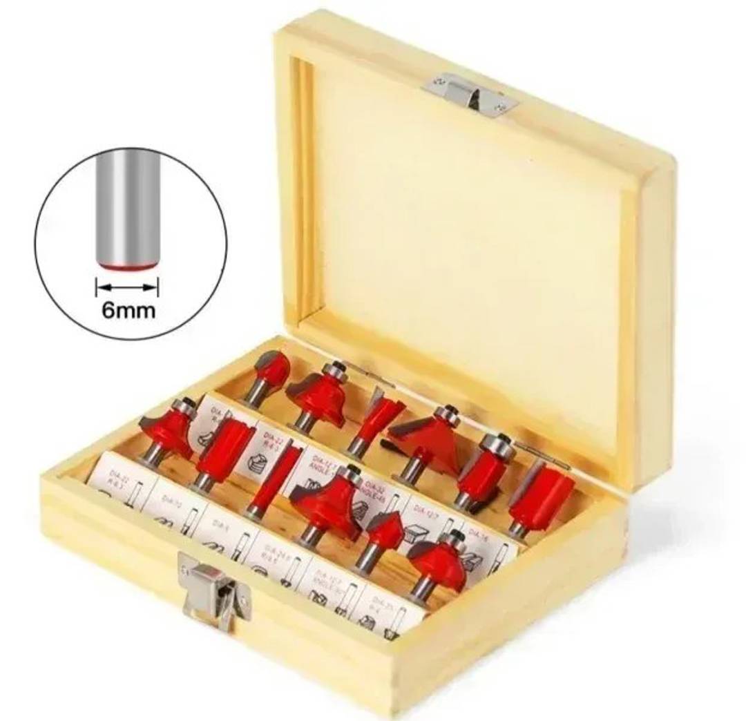 12-piece router bit set with 6 mm shank in a wooden case