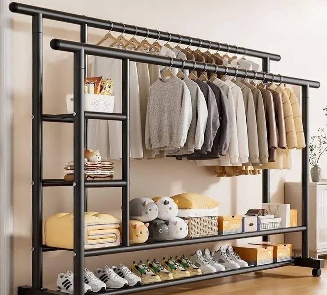 Double clothes and shoe rack with shelves on wheels