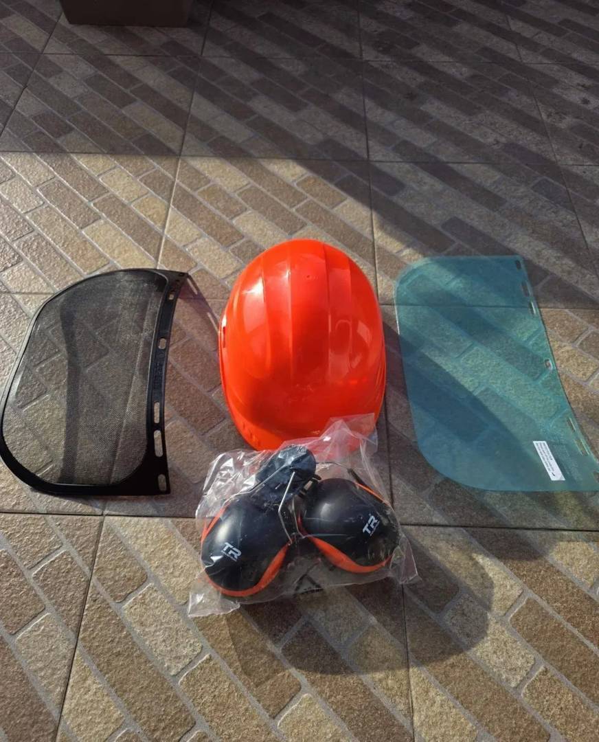 Protective helmet with mesh and clear visors and earmuffs