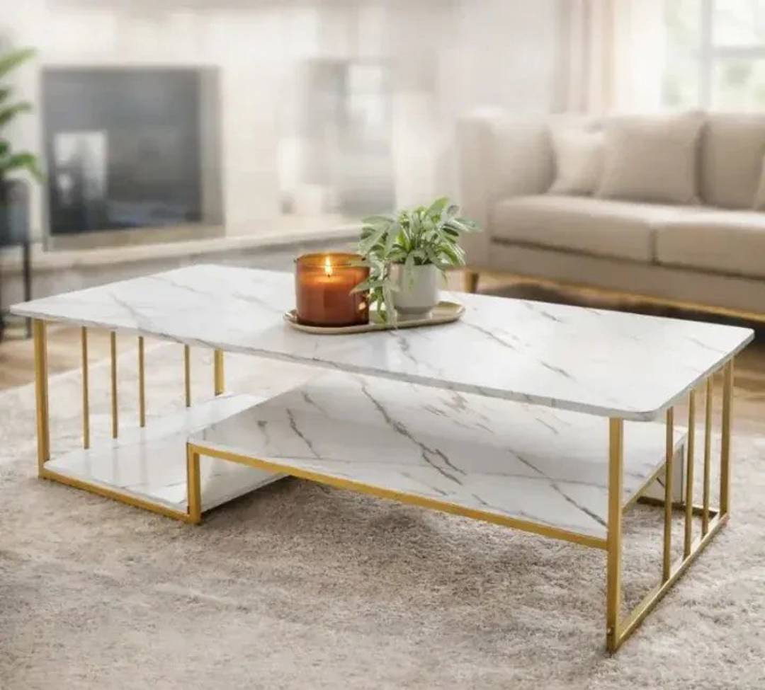 Couchtisch Florence 120 × 60 cm mit Marmoroptik und goldenem Gestell