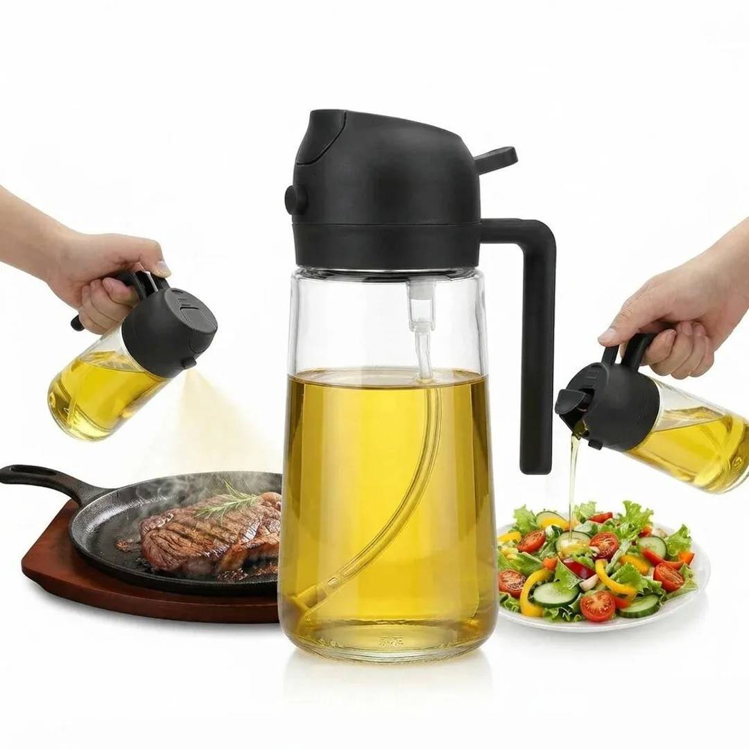 2-in-1 glass oil bottle with sprayer and dispenser, 430 ml