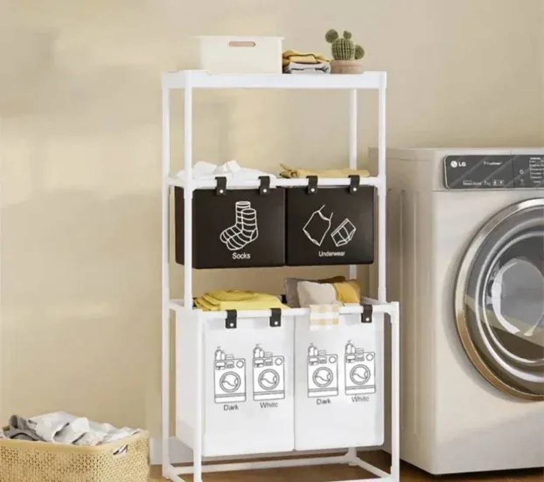 3-tier laundry shelf with baskets and wheels