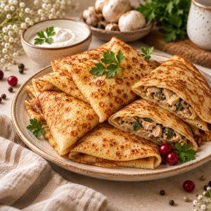 Блины с курицей, с грибами и сыром, с вишней и творогом — Novi Sad